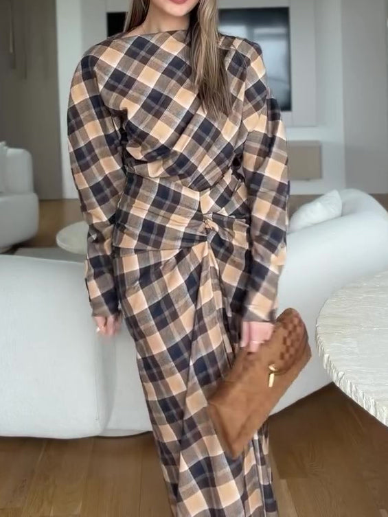 Brown-Black Plaid Twist Front Ruched Waist Long Sleeve Maxi Dress