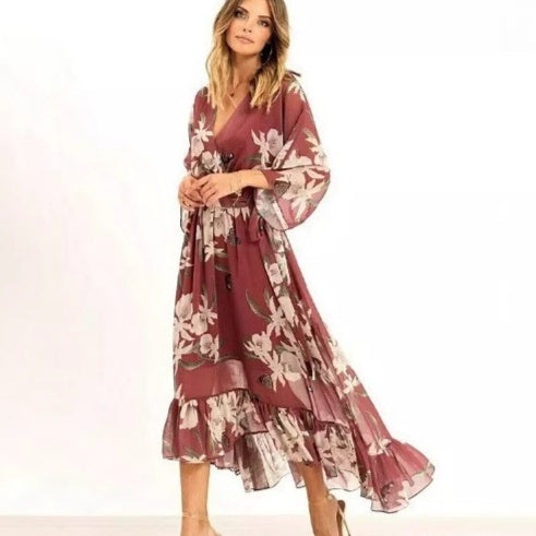 Womens Sophisticated Celebrity-Style Printed Deep-V Chiffon Dress