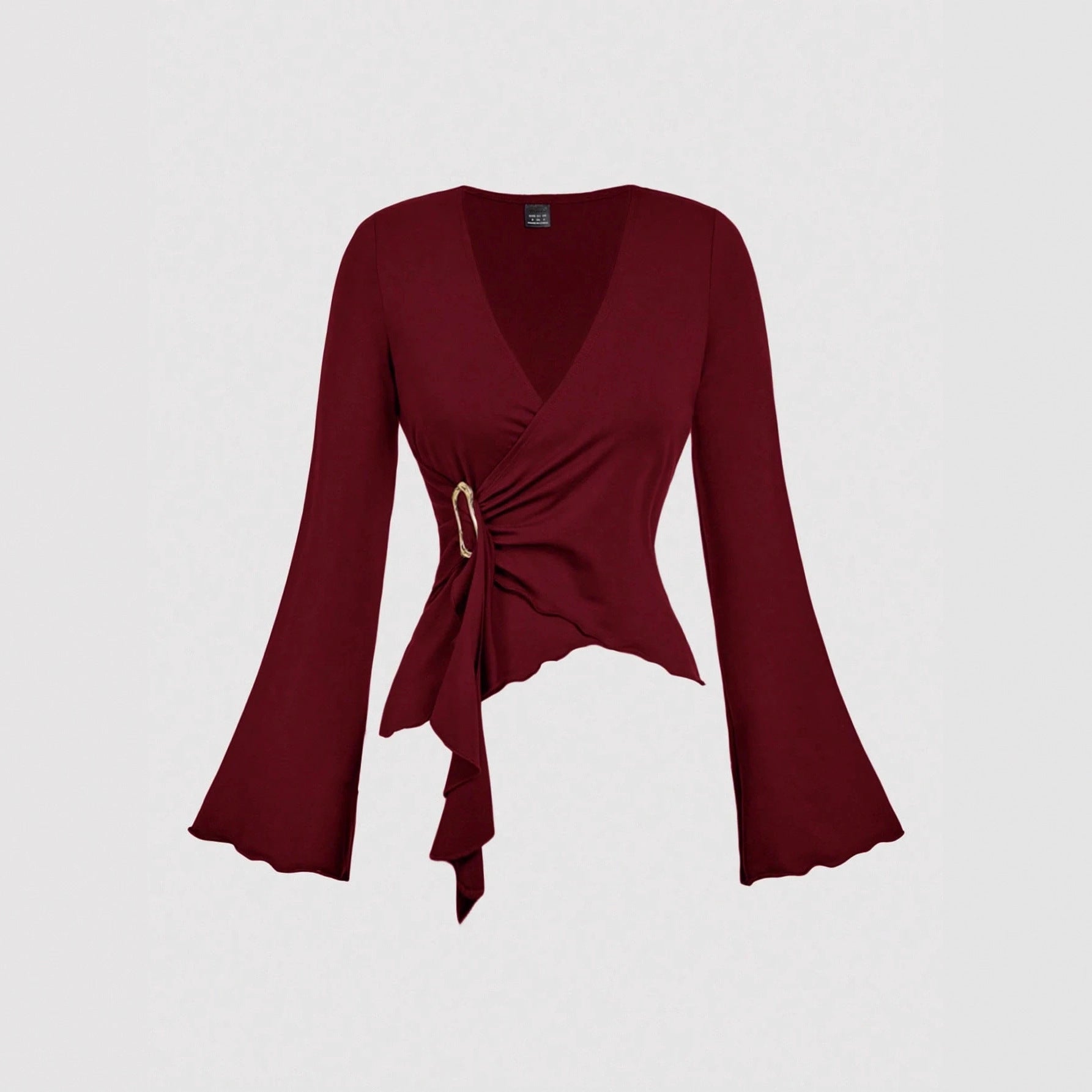 Womens Autumn New Solid-Color V-Neck Asymmetrical Long-Sleeve T-Shirt