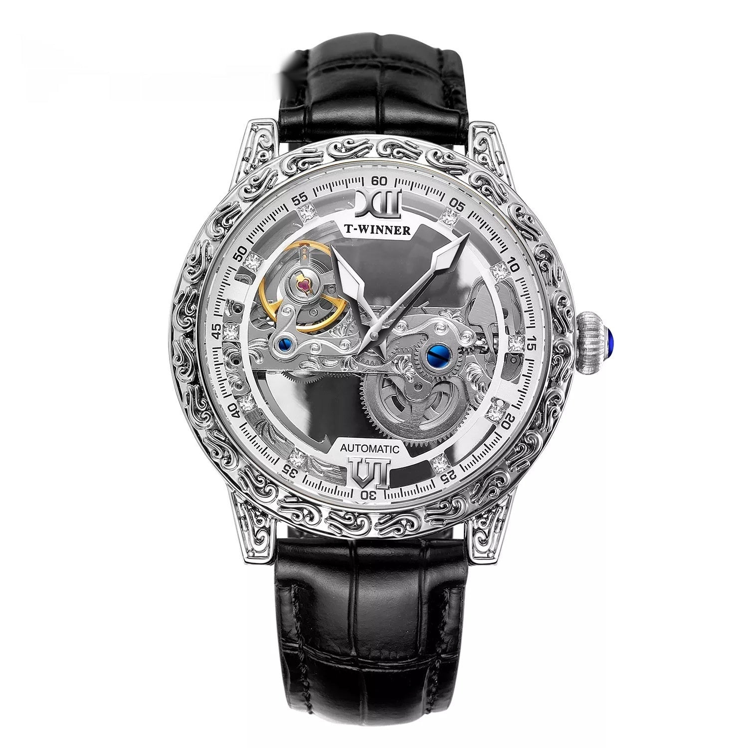 Mens Fashionable Vintage Carved Semi-Automatic Mechanical Watch