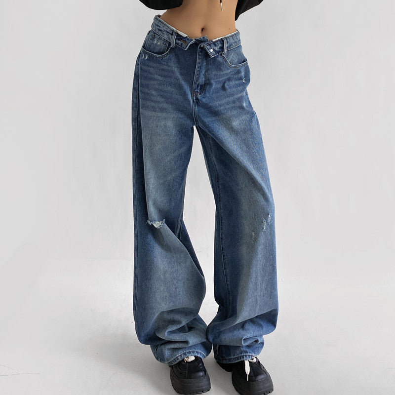 Niche High-waisted Wide-leg Pants With A Curled Hem For Women