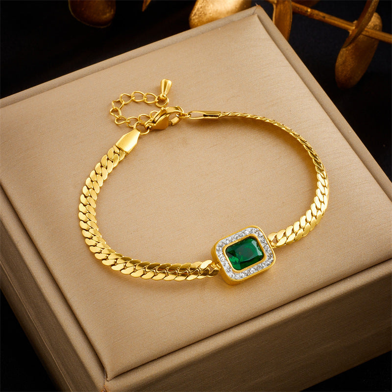 Fashionable Light-Luxury Emerald Pendant Necklace And Bracelet In Titanium Steel