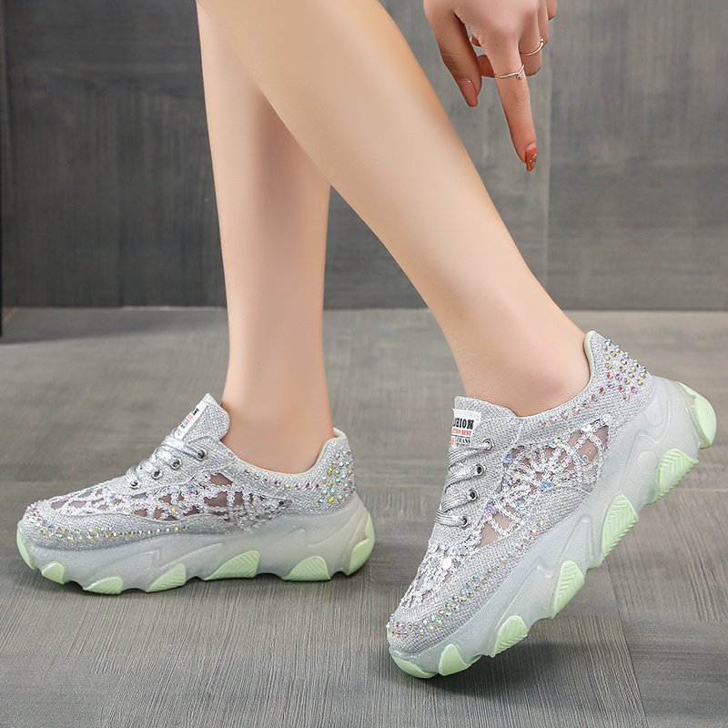 Womens Breathable Mesh Rhinestone Chunky-soled Trendy Dad Shoes