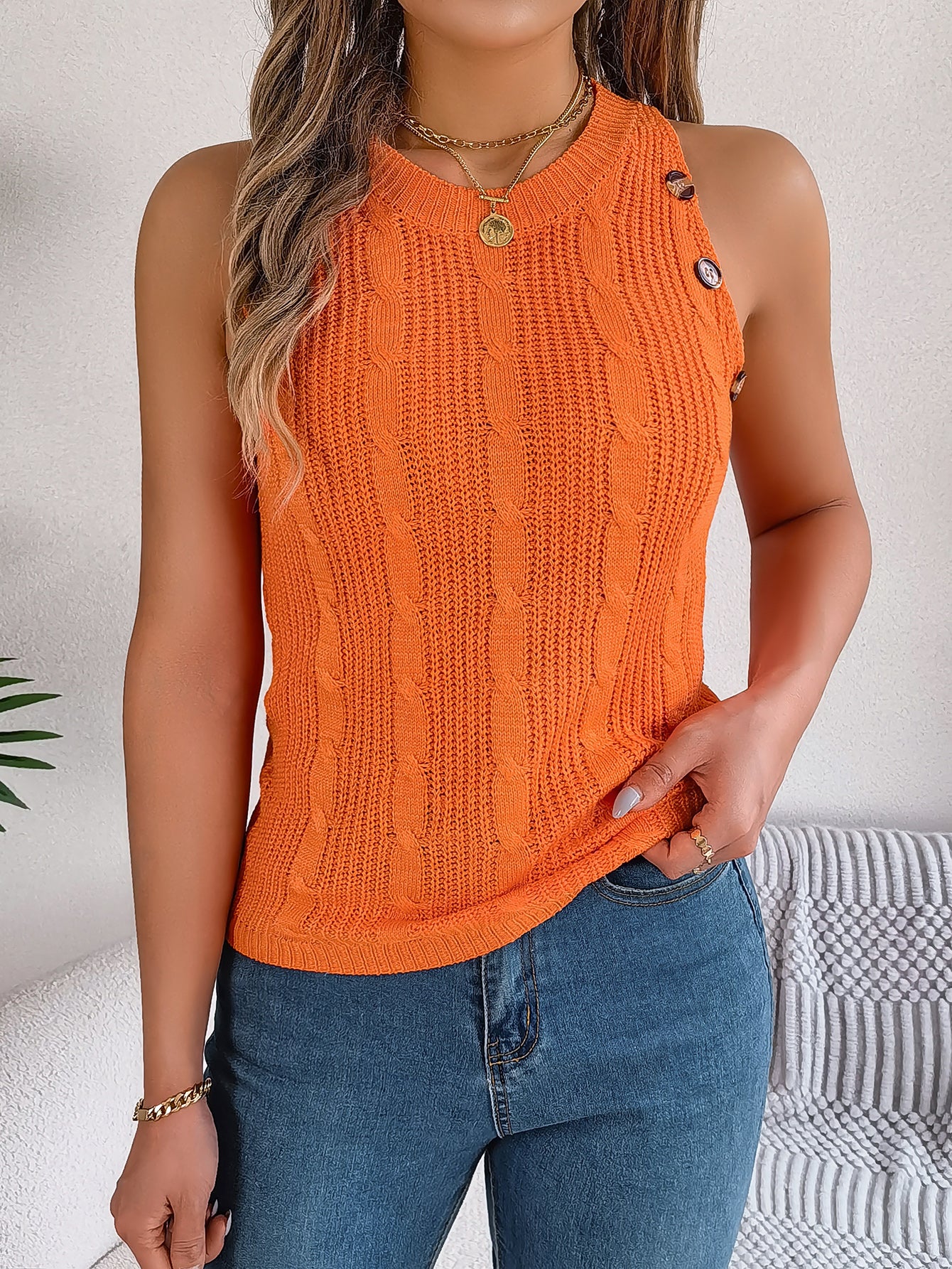 Solid Color Cable Knit Buttoned Sleeveless Top - Vacation Sweater