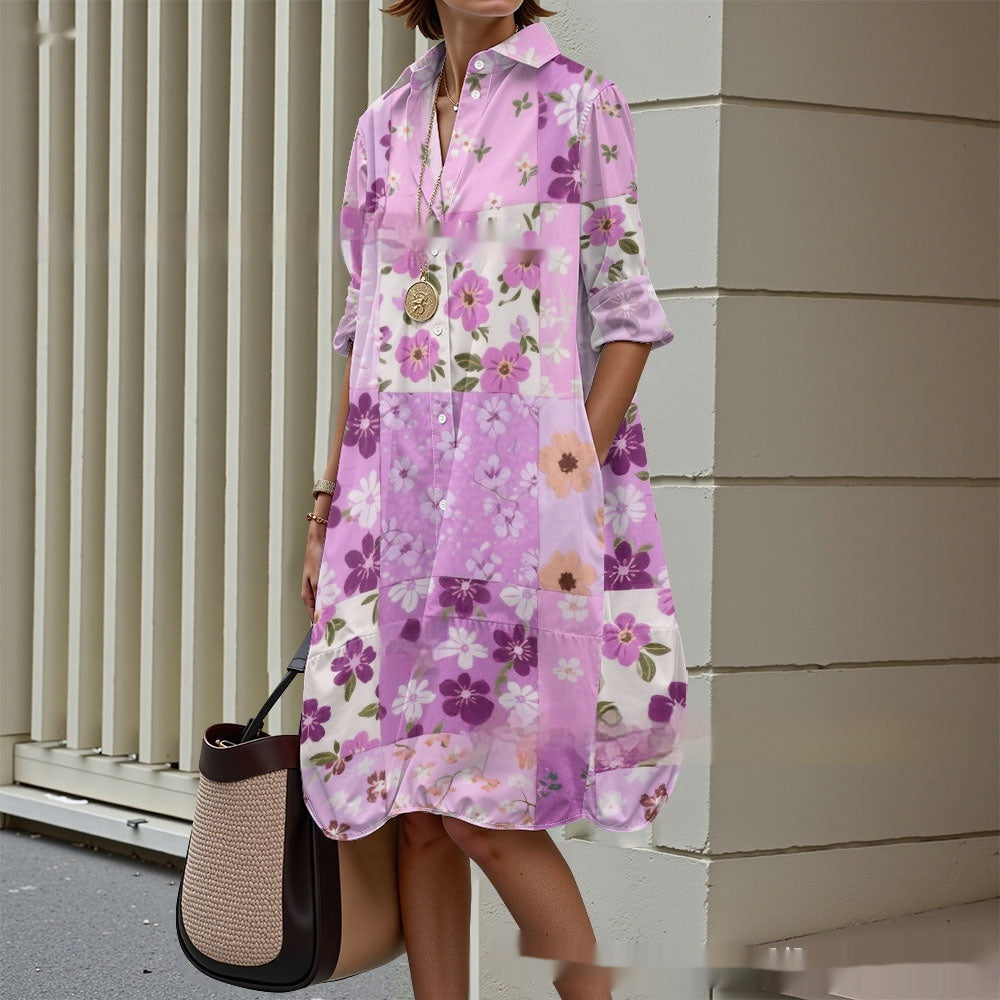 Creative Floral Art Print Long Sleeve Shirt Dress