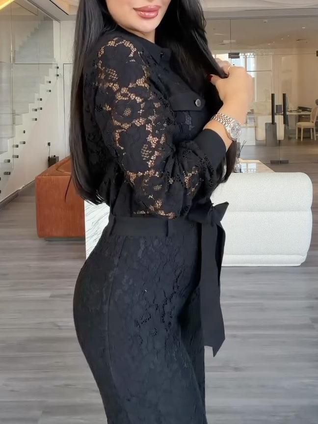 Black Lace Collared Long Sleeve Tie-Waist Wide-Leg Jumpsuit