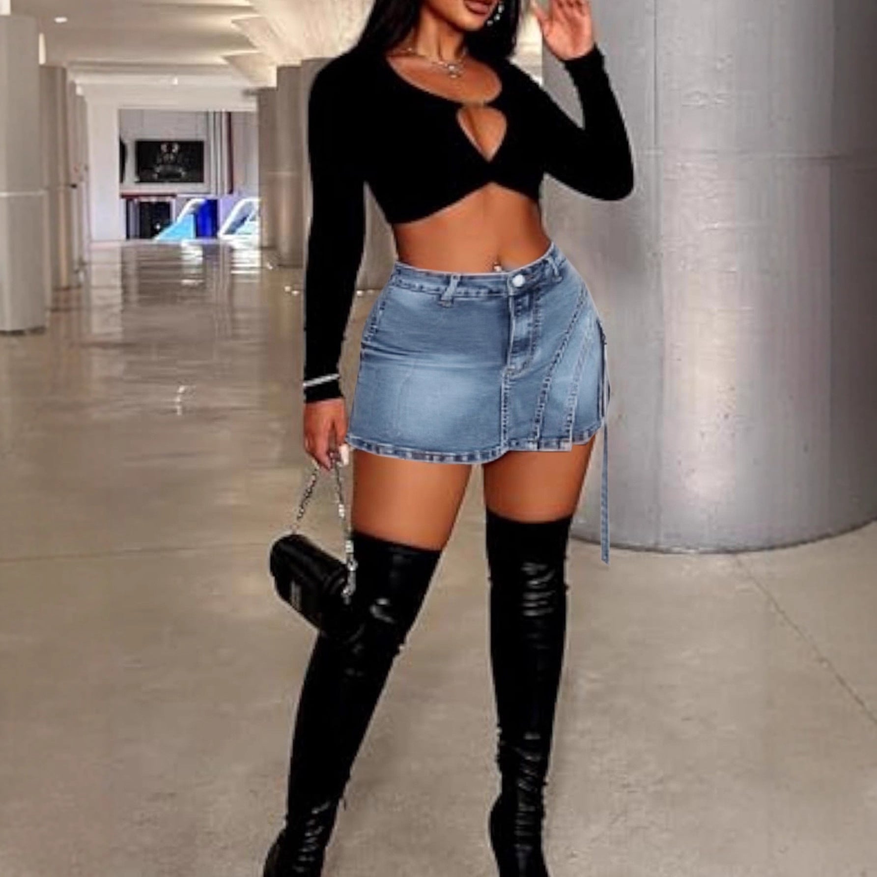 European And American-style Spicy Girl Elastic Denim Skort