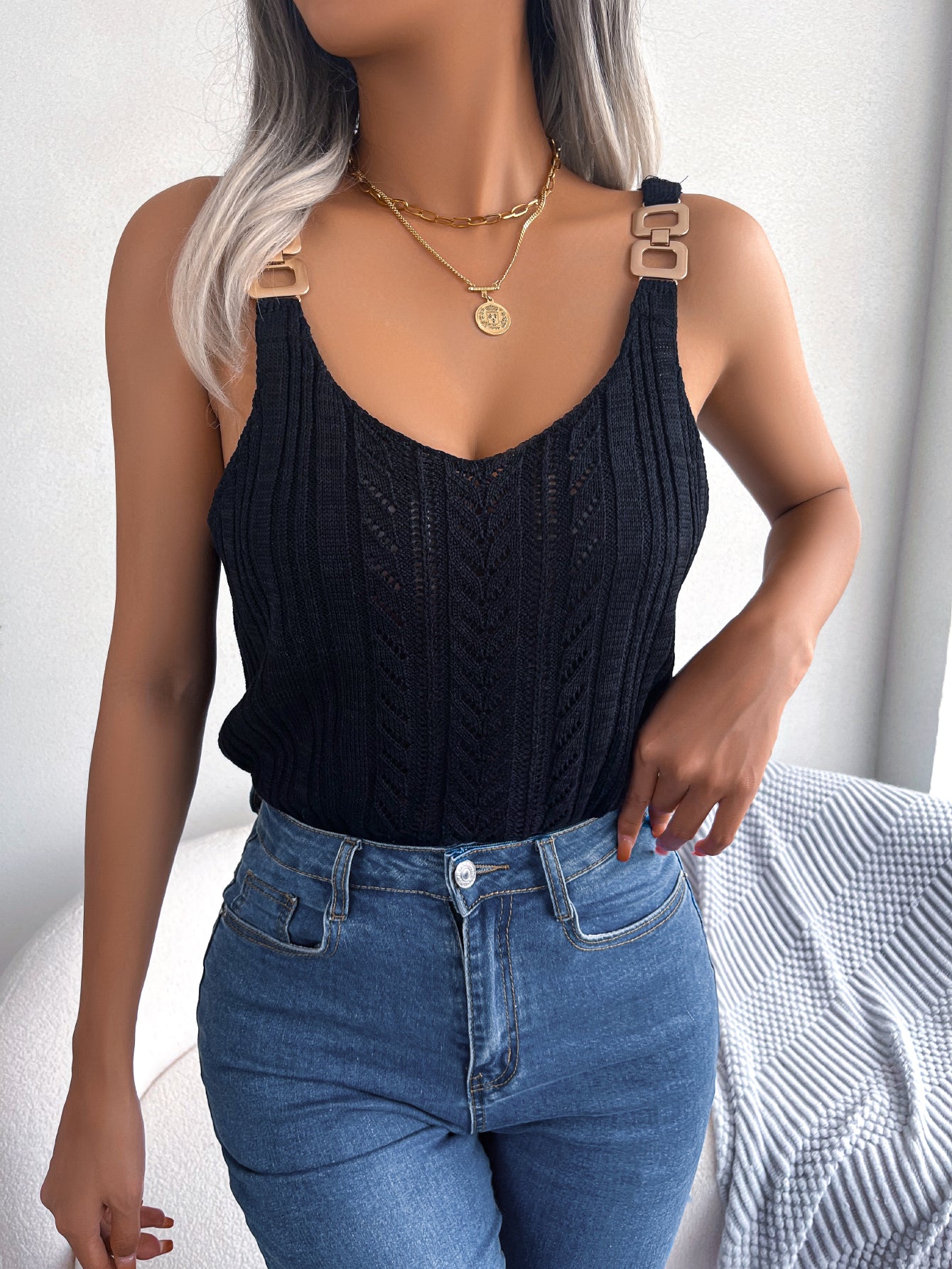 Casual Metal Button V-Neck Hollow Out Top - Holiday Knitwear