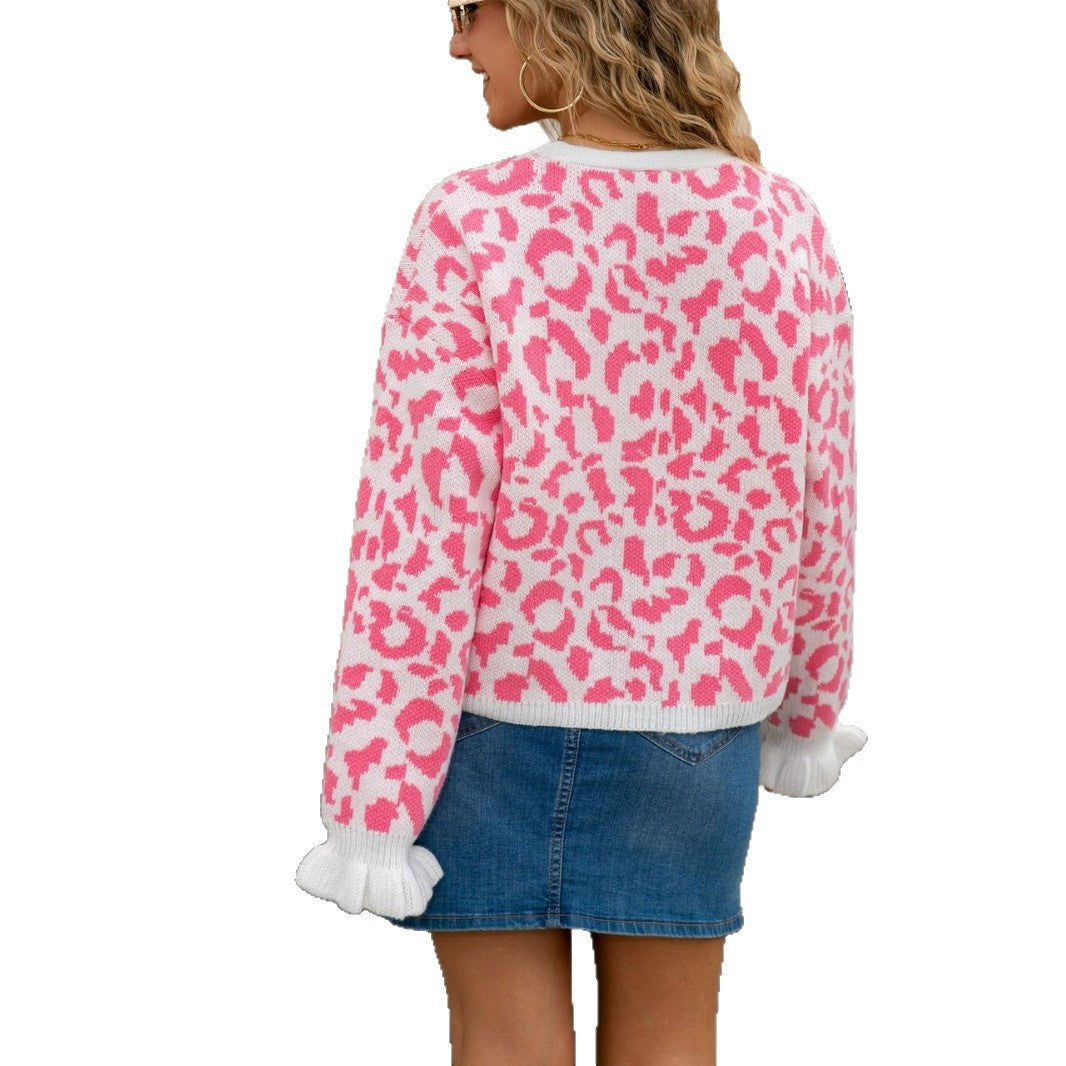 New Womens Leopard-print Jacquard Tie-front Cropped Sweater Jacket