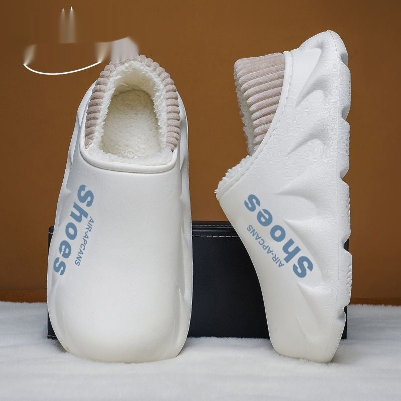 Mens Fleece-Lined Non-Slip Closed-Toe EVA Waterproof Cotton Slippers