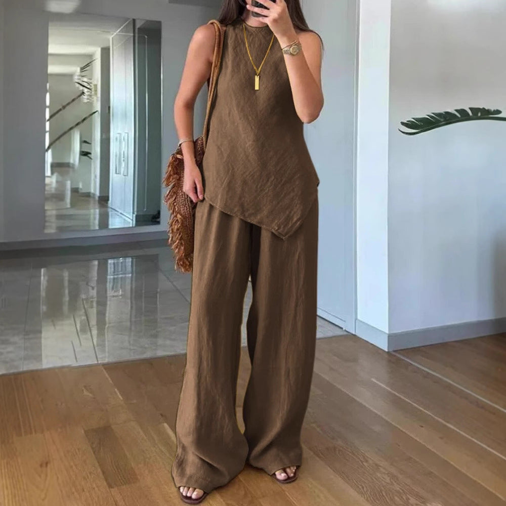 Casual Crew-Neck Pullover Sleeveless Pants With Pockets Cozy Two-Piece Set