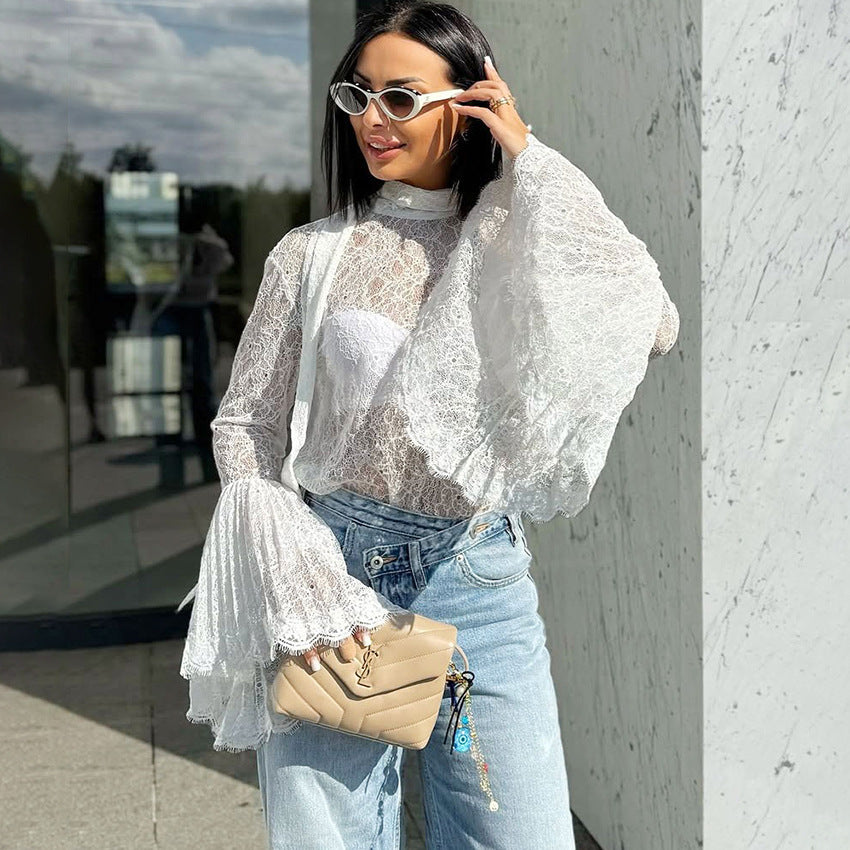 Sexy Lace Ruffle-sleeve Flowy-neckline Blouse