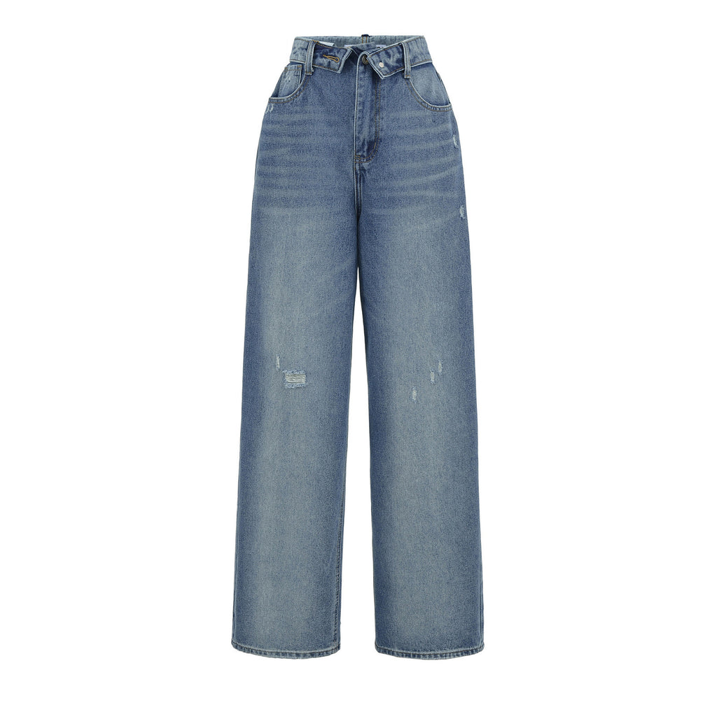 Niche High-waisted Wide-leg Pants With A Curled Hem For Women