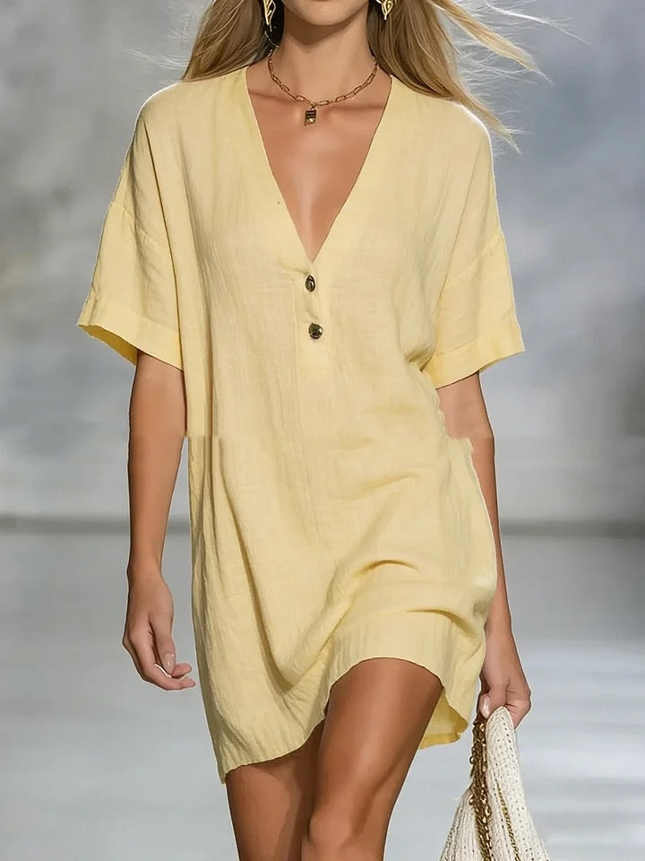 Short-Sleeve V-Neck Cotton-Linen Loose Dress