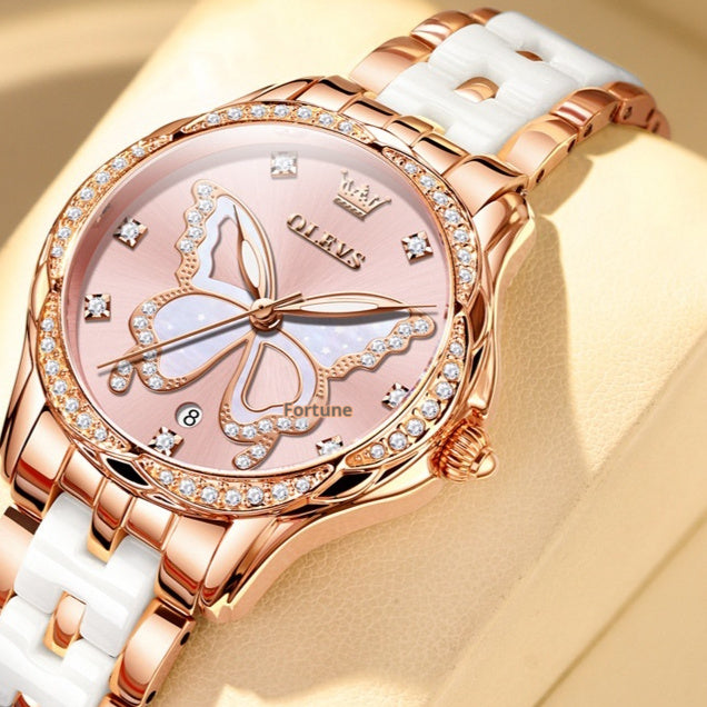 Luminous Water-resistant Ceramic-band Quartz Watch For Women