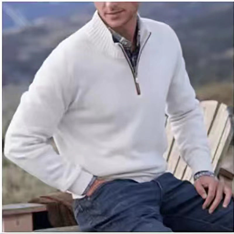 Men's Pullover Sweater Fashion Zipper Stand Collar Knitted Top Casual Solid Color Sweatshirt Clothing