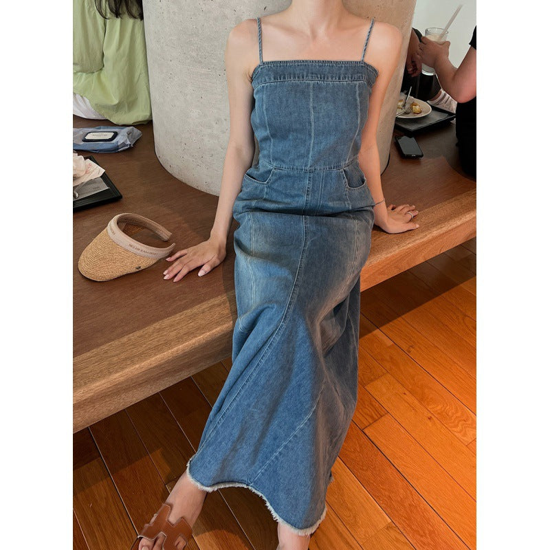 Elegant Figure-flattering Denim Slip Dress With A Side Slit