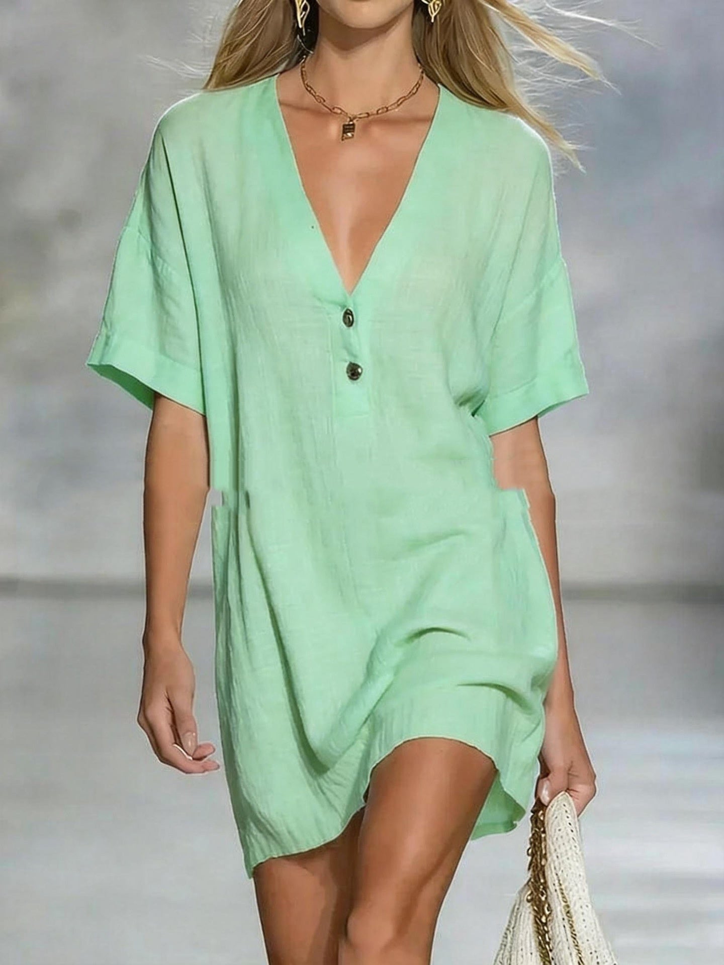 Short-Sleeve V-Neck Cotton-Linen Loose Dress