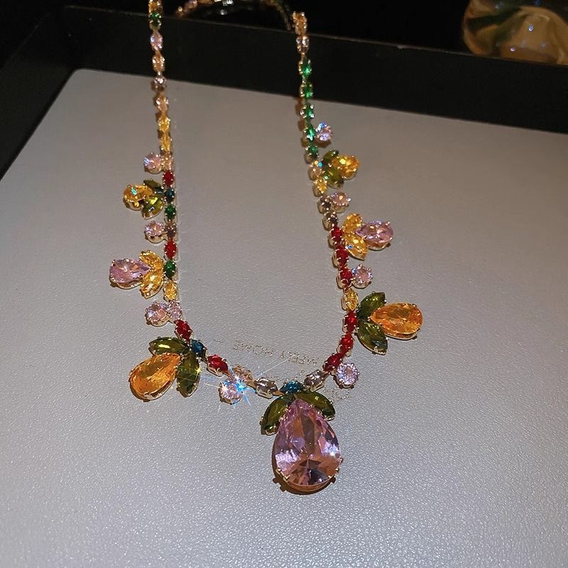 Colorful Sparkling Diamond Flower Leaf Water Drop Pendant Necklace Earring Set