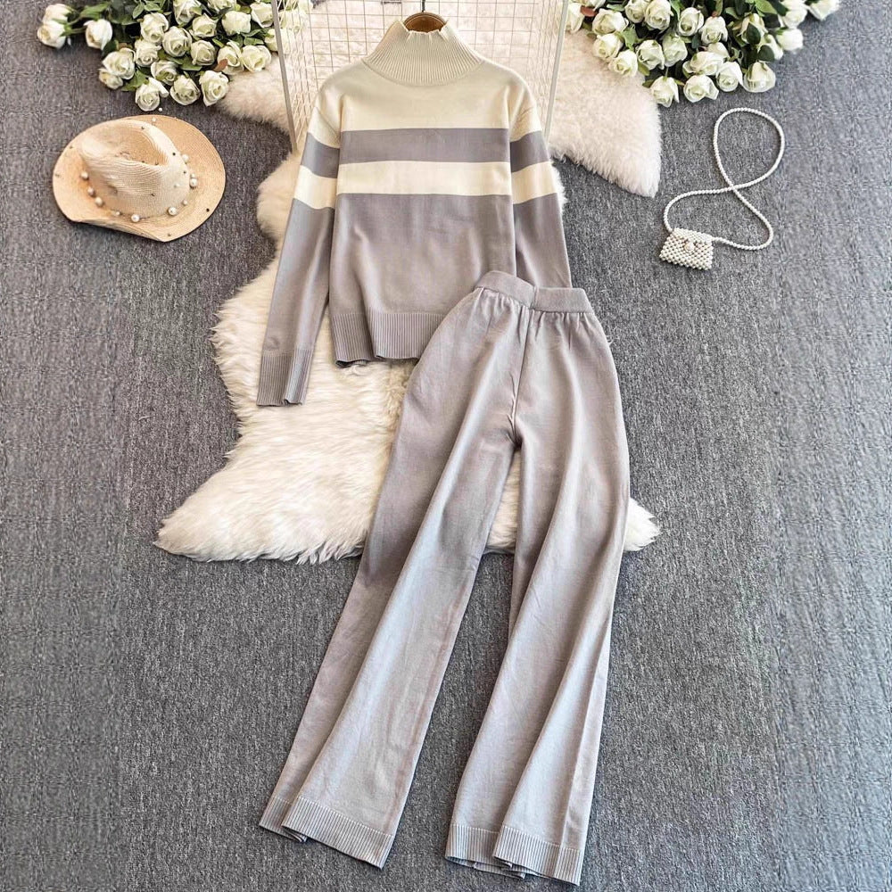 Casual Knitted Long Sleeve Wide Leg Pants Set