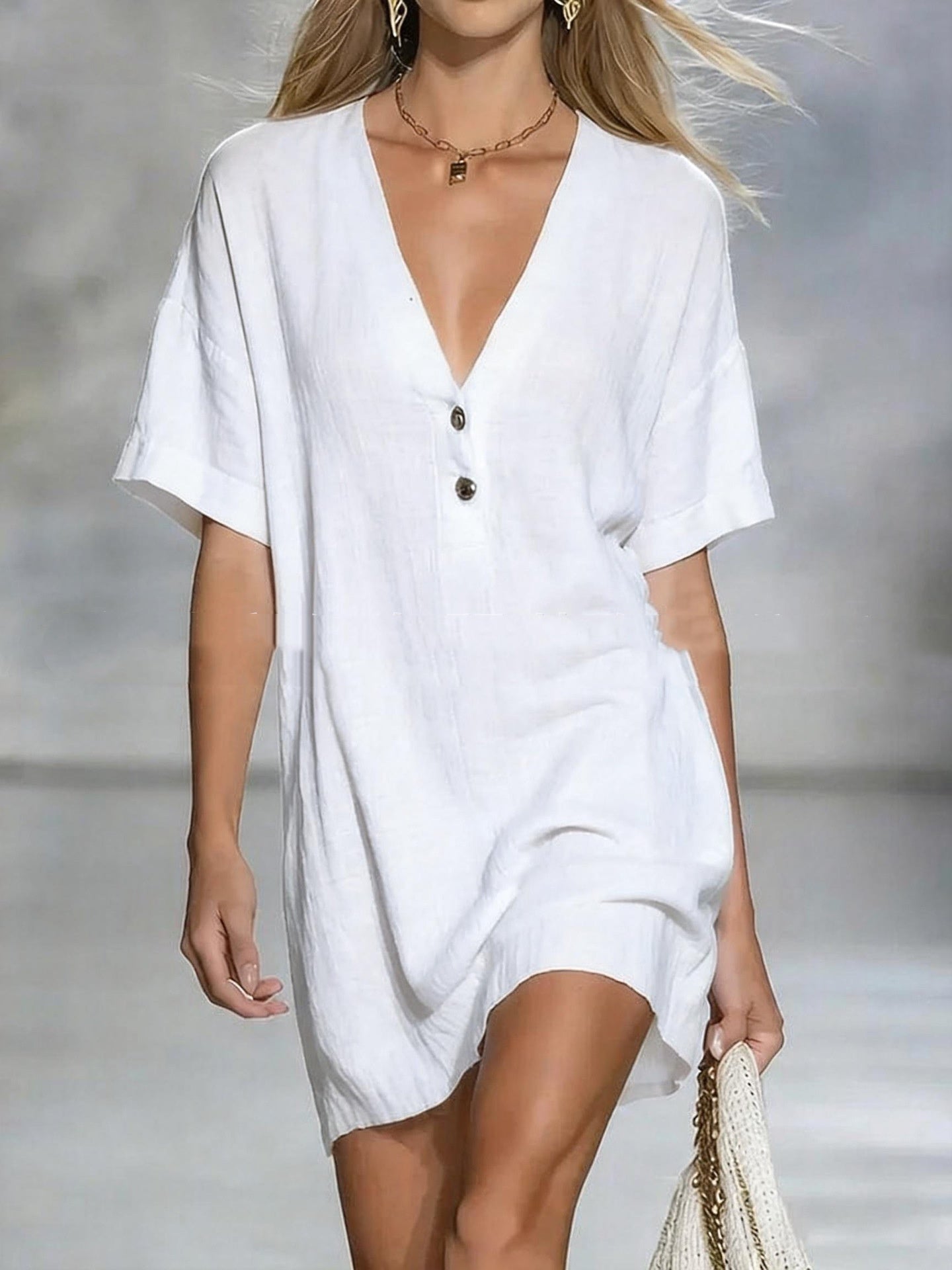 Short-Sleeve V-Neck Cotton-Linen Loose Dress