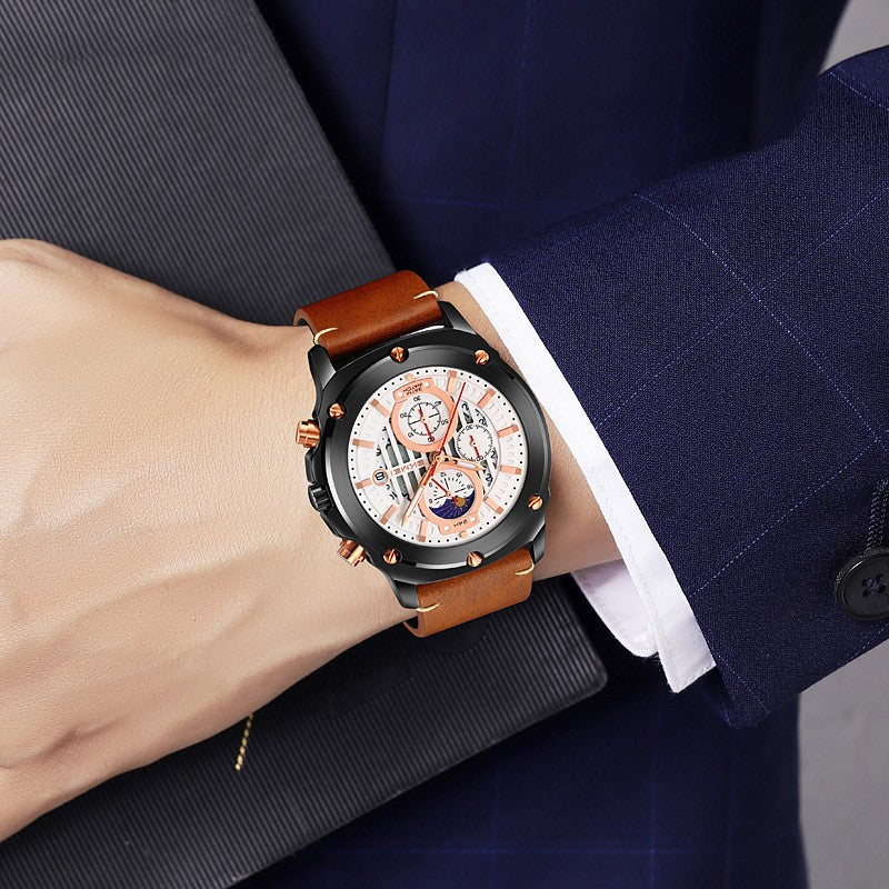 Men's Watch Fashion Trend Men's Leather-belt Watch Three Eyes And Six Needles Quartz Watch