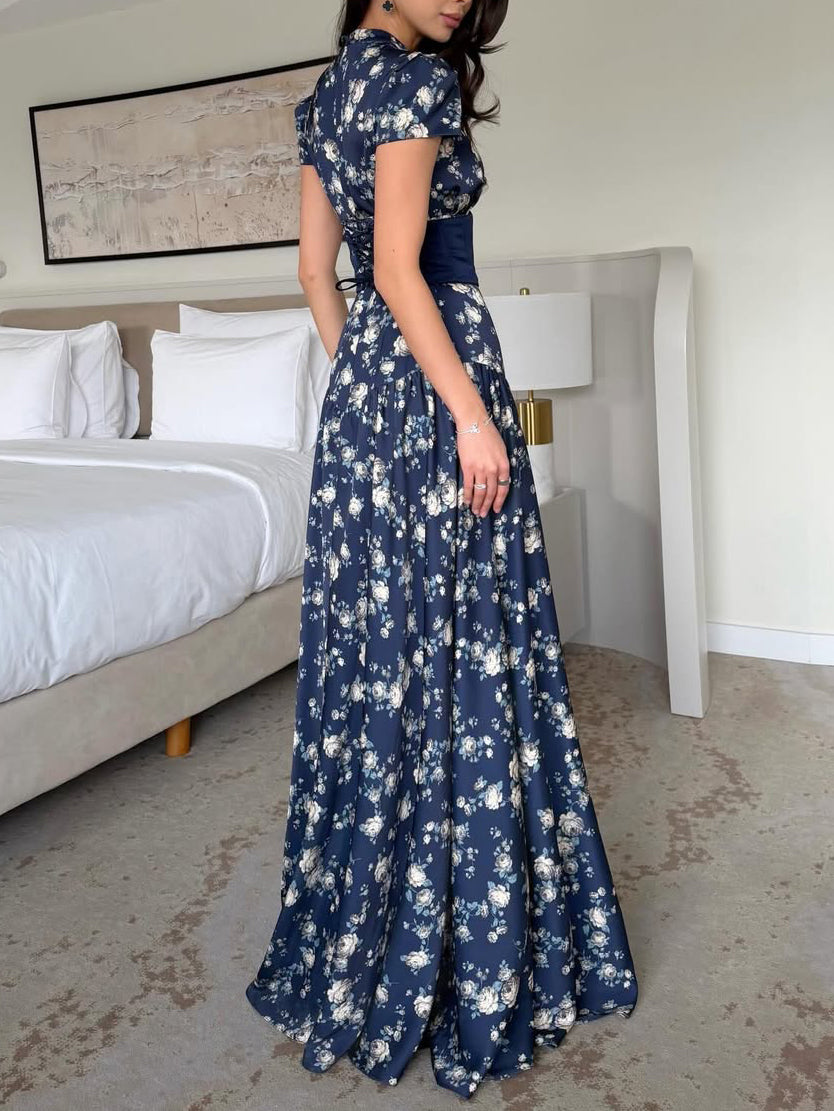 Navy Floral Print Panel Mandarin Collar Short Sleeve Ball Gown Maxi Dress