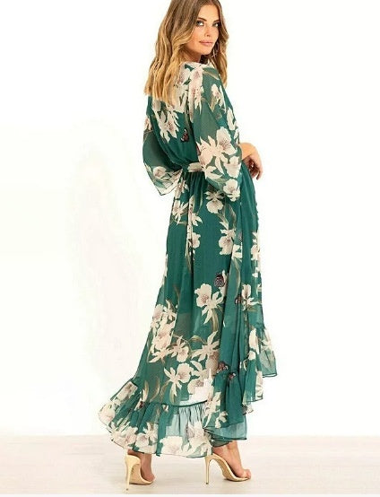 Womens Sophisticated Celebrity-Style Printed Deep-V Chiffon Dress