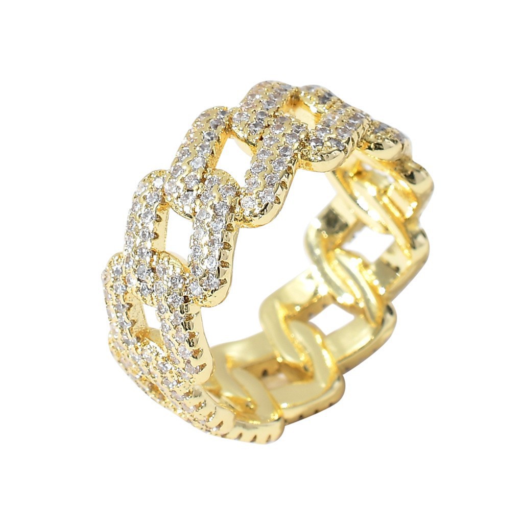 14K Gold Ring With A Hollowed-out Chain Design And Fully Paved With Diamonds