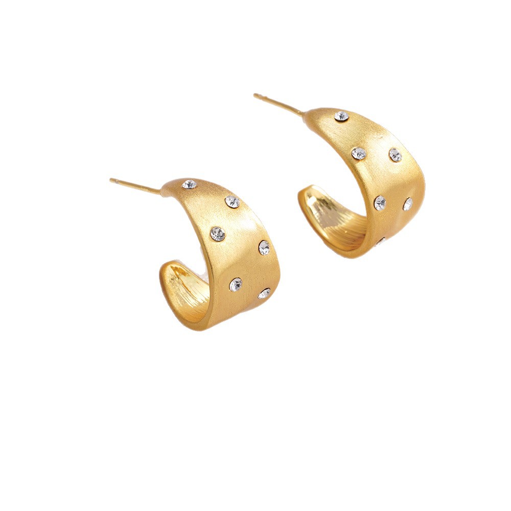 Circular Metal Curved Surface Diamond-studded Earrings