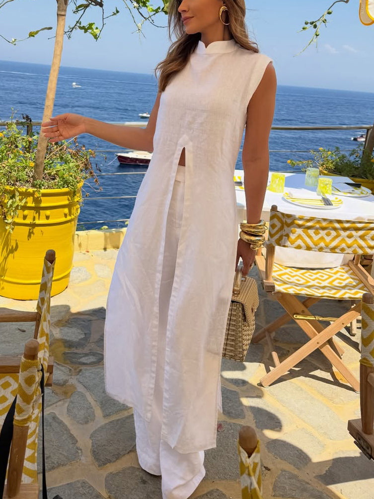 White Linen Mandarin Collar Sleeveless Split Tunic & Wide-Leg Pants Set