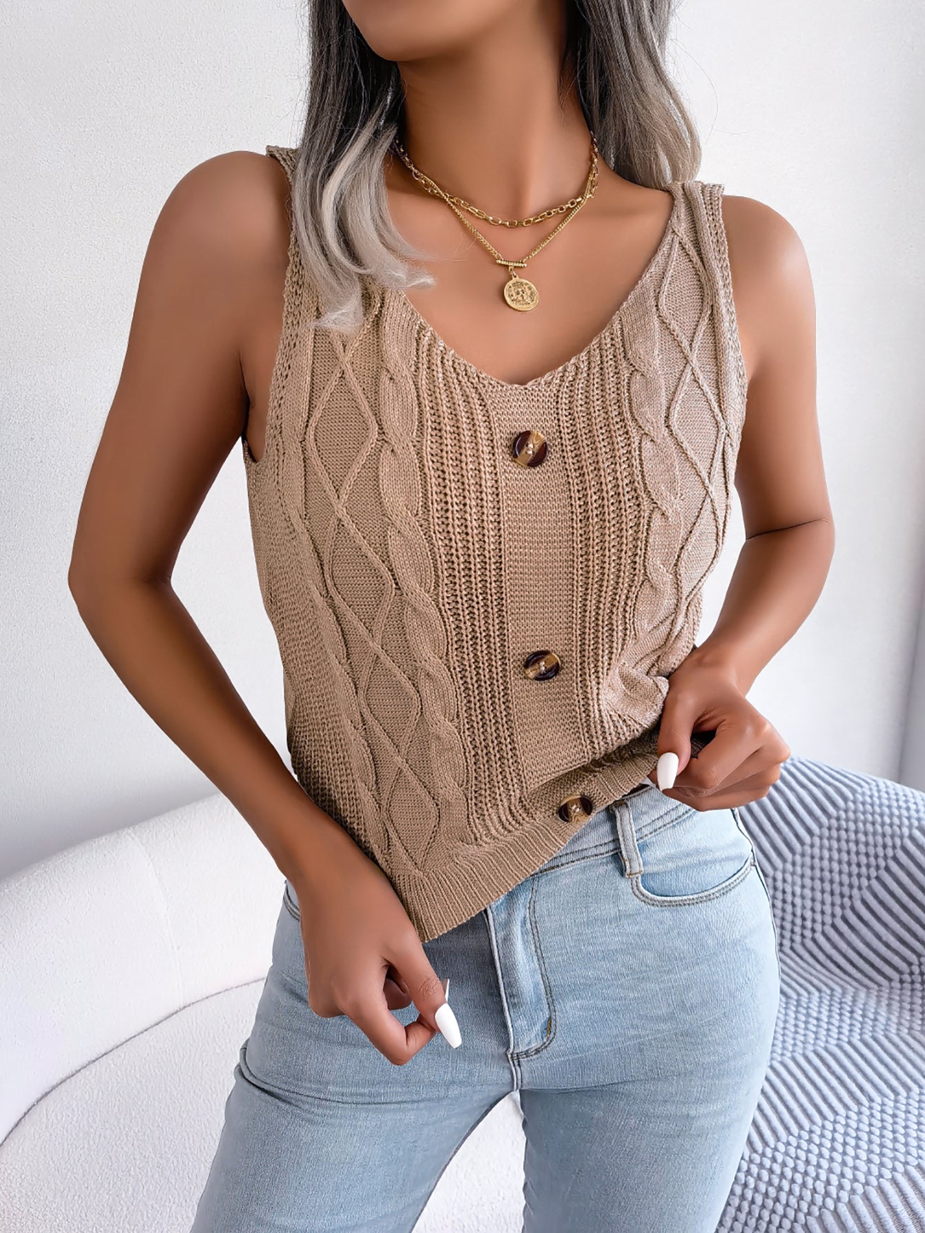 Women's Casual V-Neck Buttoned Cable Knit Top - Vacation Sweater