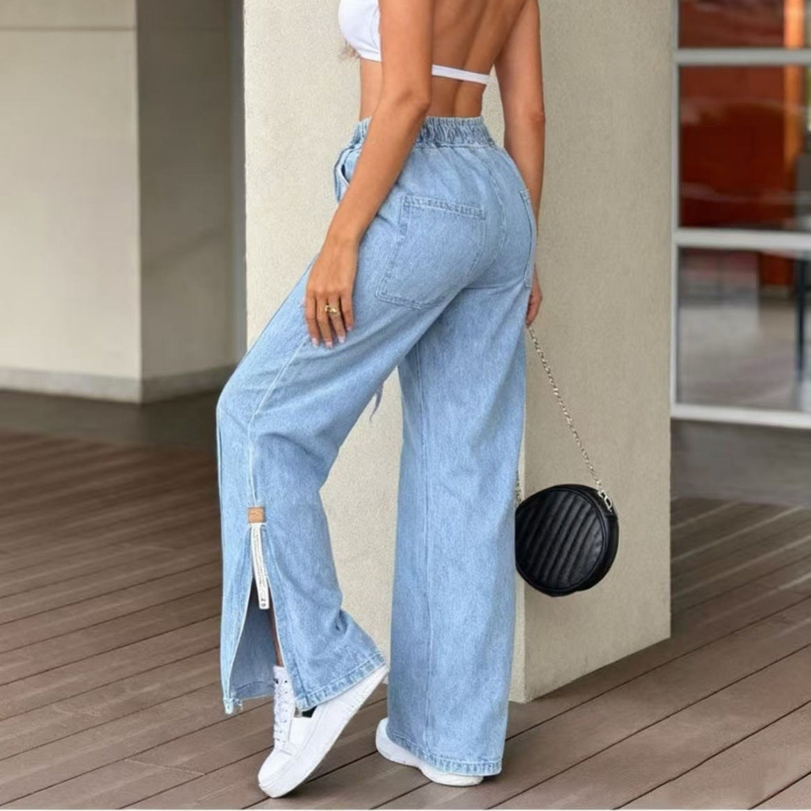 Loose-fit Denim Jeans With A Slit And Elastic Waist