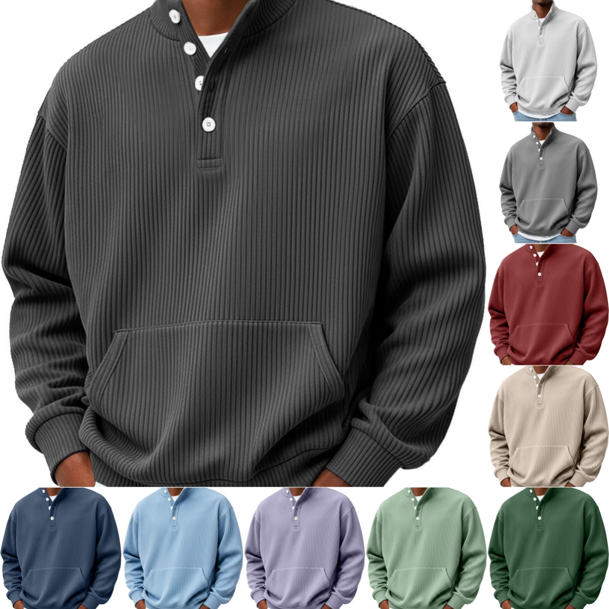 Mens Solid-Color Turtleneck Casual Long-Sleeve Polo Sweatshirt With Pockets For Men Spring Autumn Clothing Loose Button Polo Collar Tees Tops Man Outwear