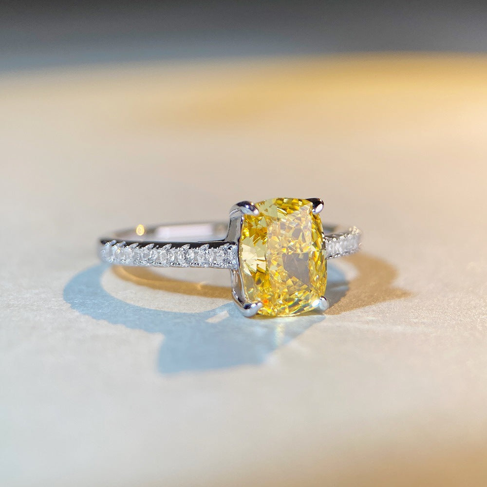Pure Silver High Carbon Ring With Yellow Diamond