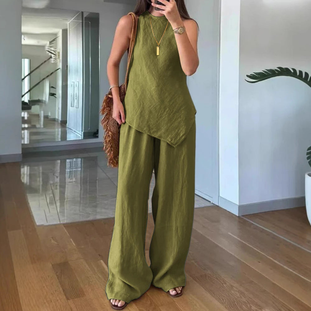 Casual Crew-Neck Pullover Sleeveless Pants With Pockets Cozy Two-Piece Set