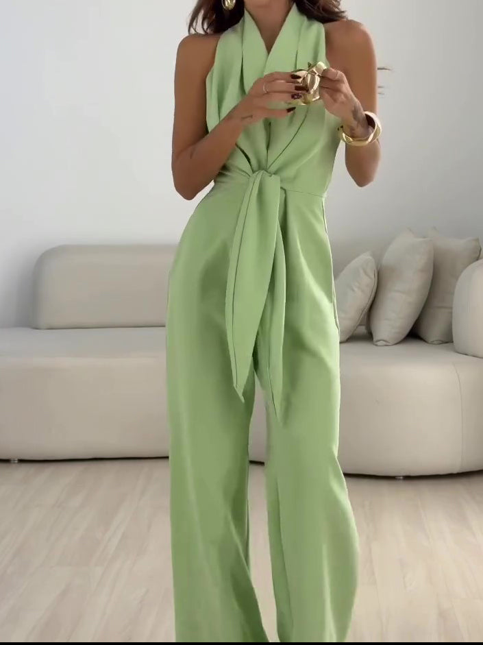 Mint Green Halter Tie-Waist Wide-Leg Jumpsuit