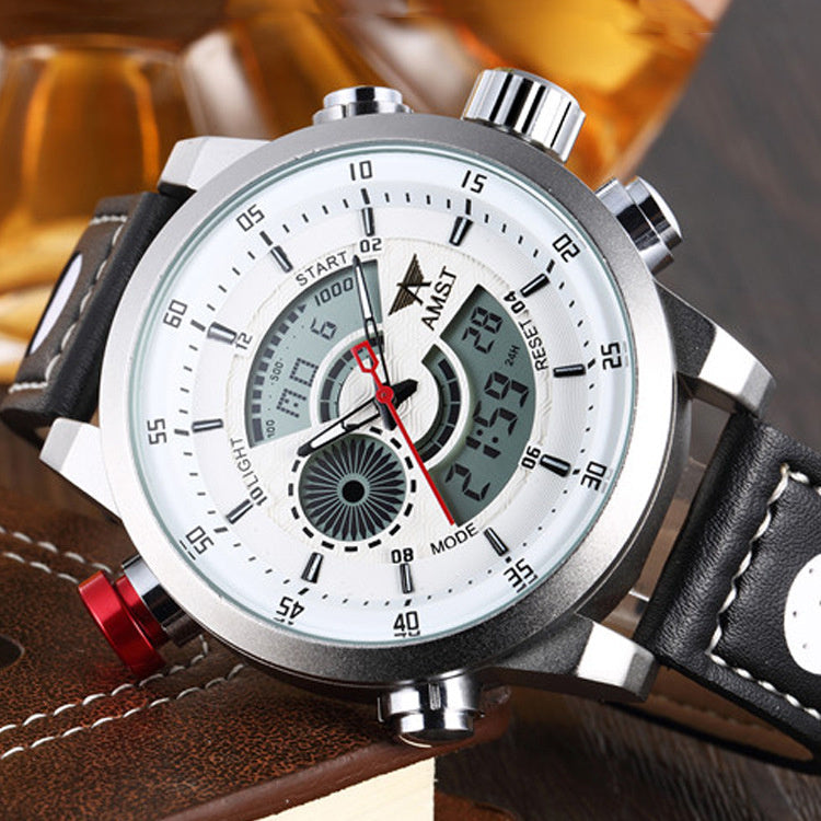 Trendy casual double men's watch Waterproof high quality belt electronic quartz watch