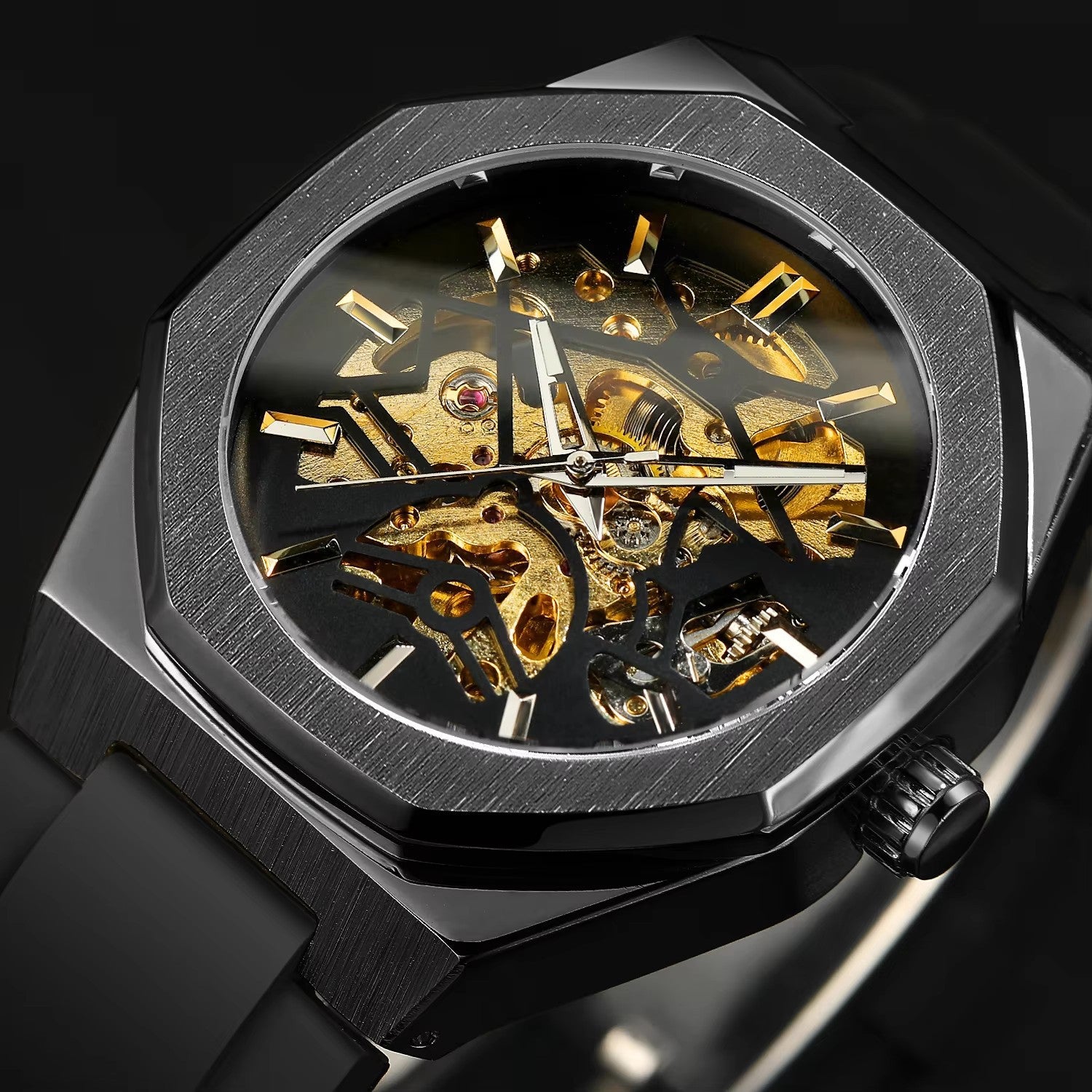 Casual Silver Hollow Skeleton Rubber-band Automatic Mechanical Watch