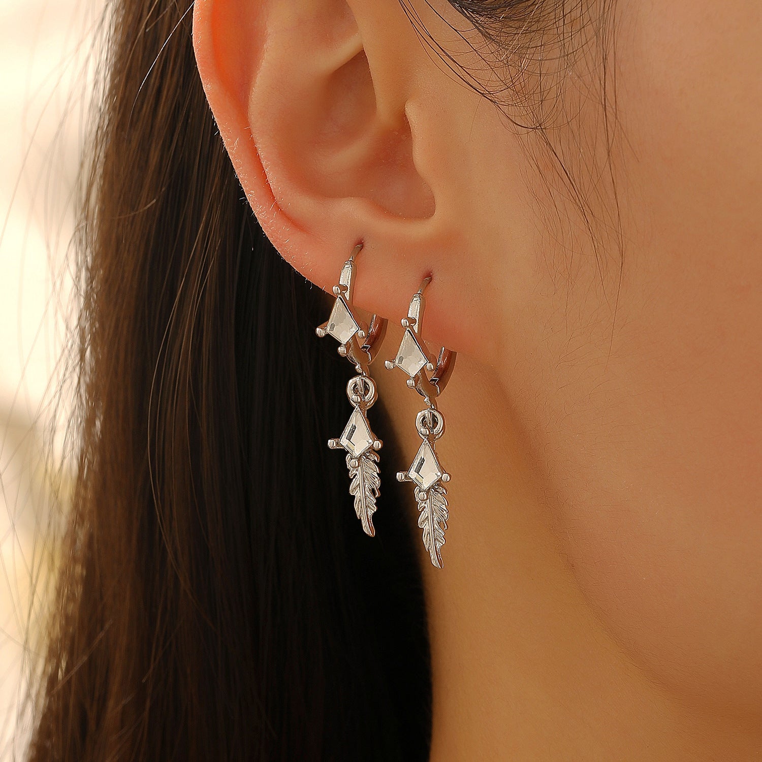 Retro Dark-Style Diamond-Shaped Feather Pendant Earrings