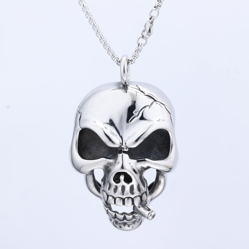 Retro Edgy Skull Pendant With A Cigarette Made From Titanium Steel