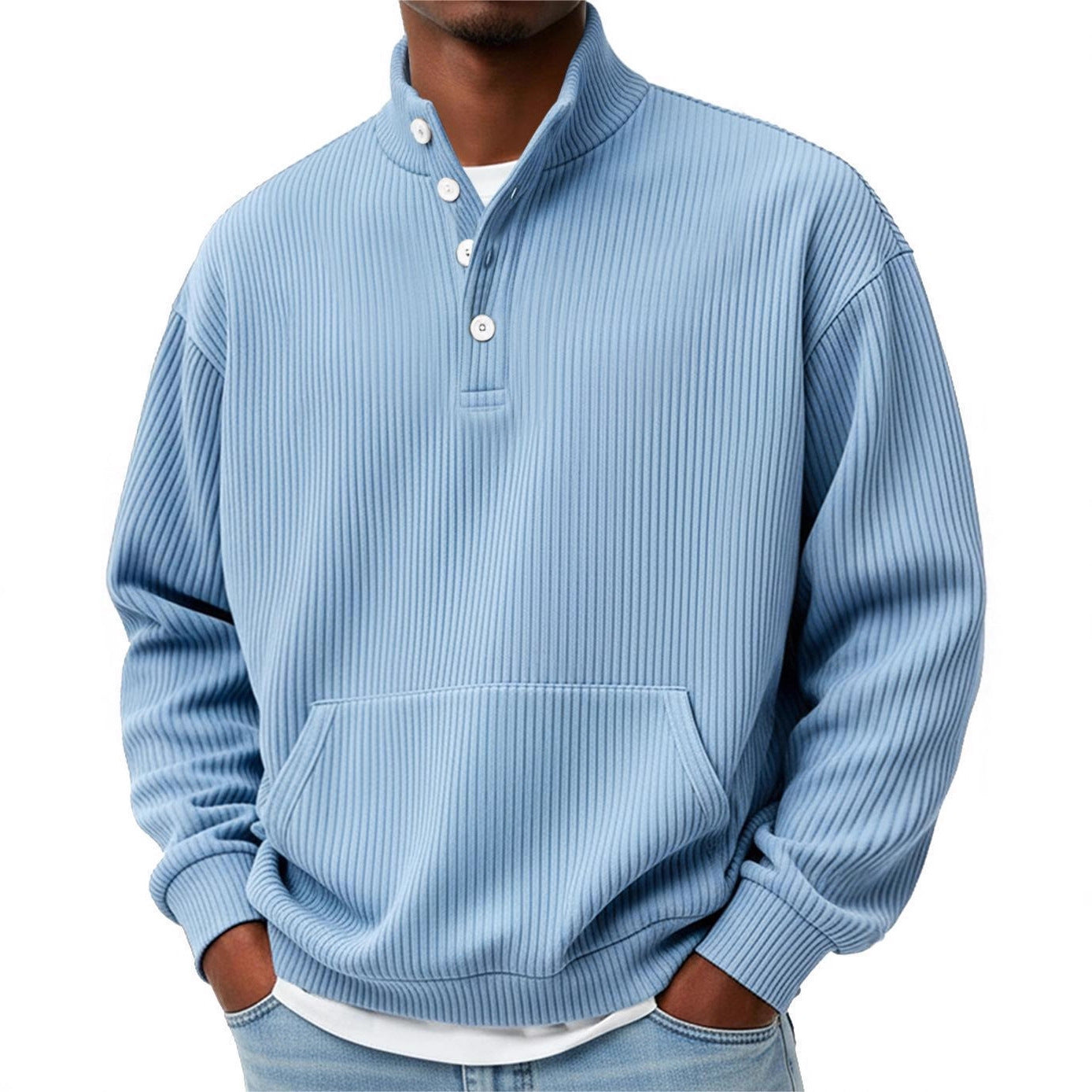 Mens Solid-Color Turtleneck Casual Long-Sleeve Polo Sweatshirt With Pockets For Men Spring Autumn Clothing Loose Button Polo Collar Tees Tops Man Outwear