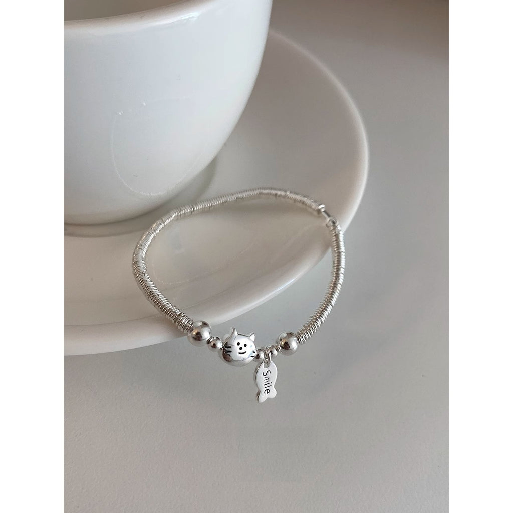 Simple Sterling Silver Small Plate Wrapped With Cat And Fish Eating Bracelet