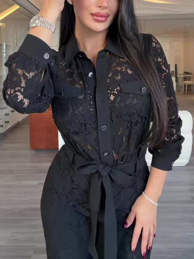 Black Lace Collared Long Sleeve Tie-Waist Wide-Leg Jumpsuit