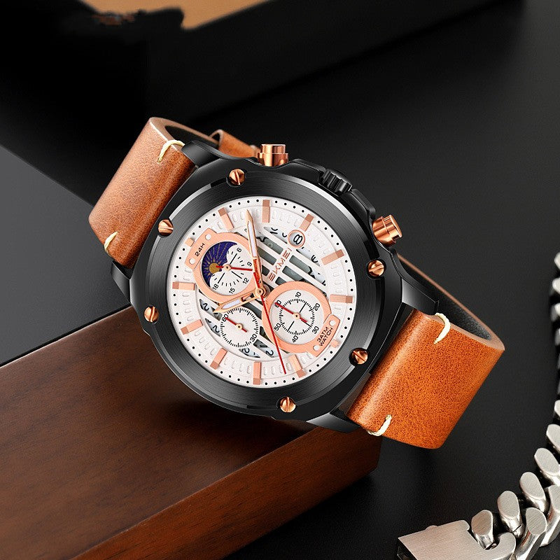 Men's Watch Fashion Trend Men's Leather-belt Watch Three Eyes And Six Needles Quartz Watch