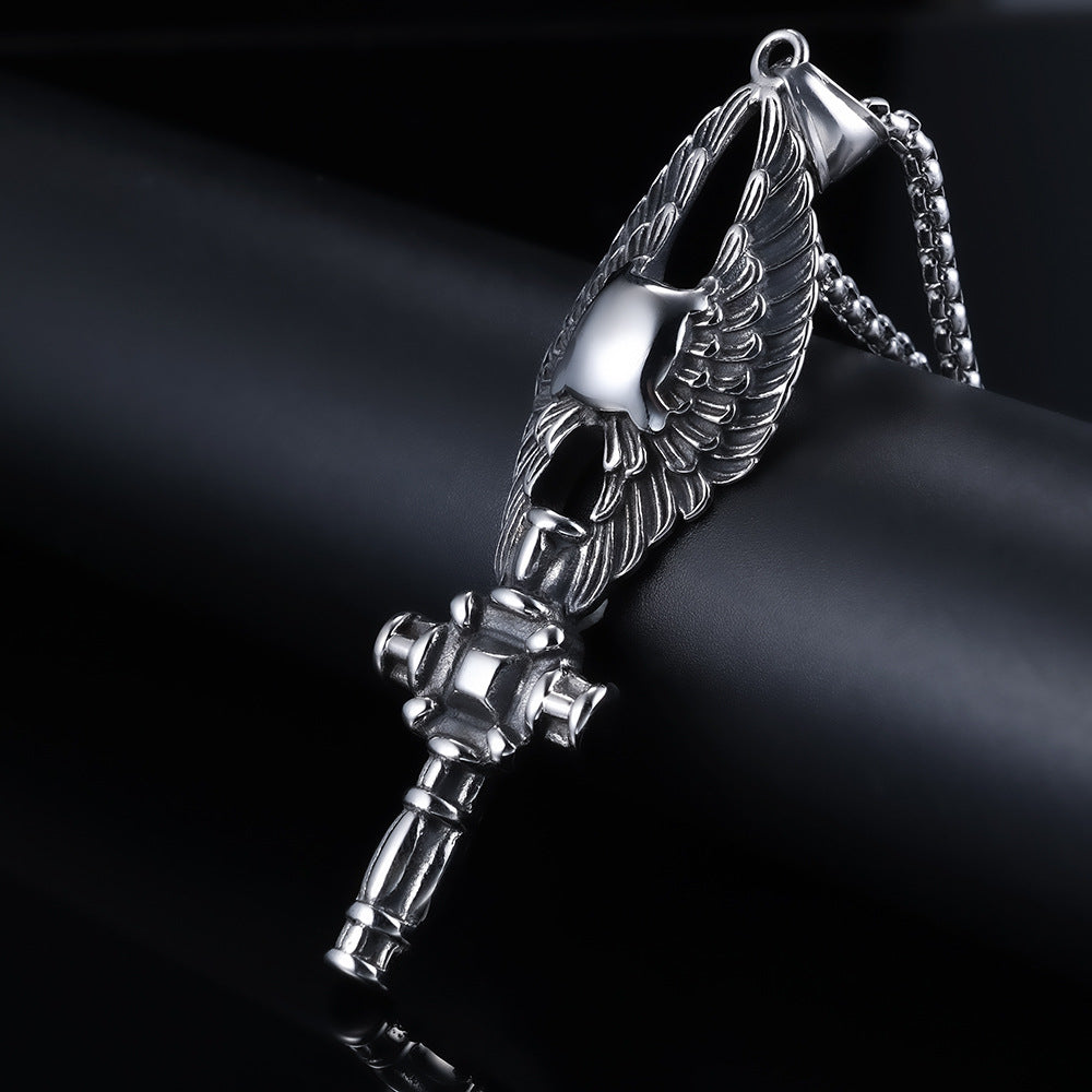 Relief Angel Wings Cross Titanium Steel Pendant