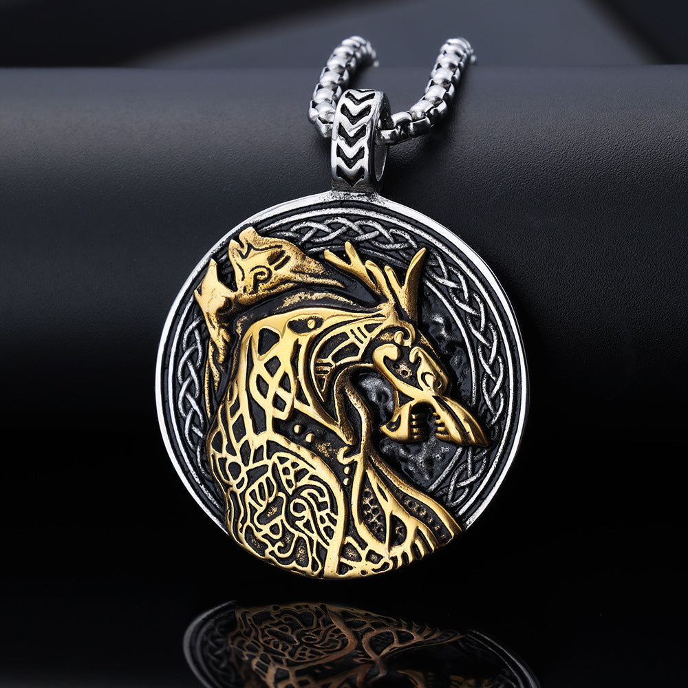 Personalized Wolf-Head Totem Titanium Steel Black-and-Gold Contrast Pendant
