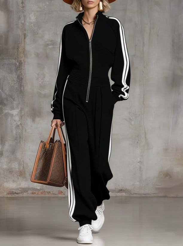 American Retro Stand-collar Zip-up Sportswear Set For Women, Loose And Slimming Casual Sweatshirt And Sweatpants Two-piece Set For Spring And Autumn