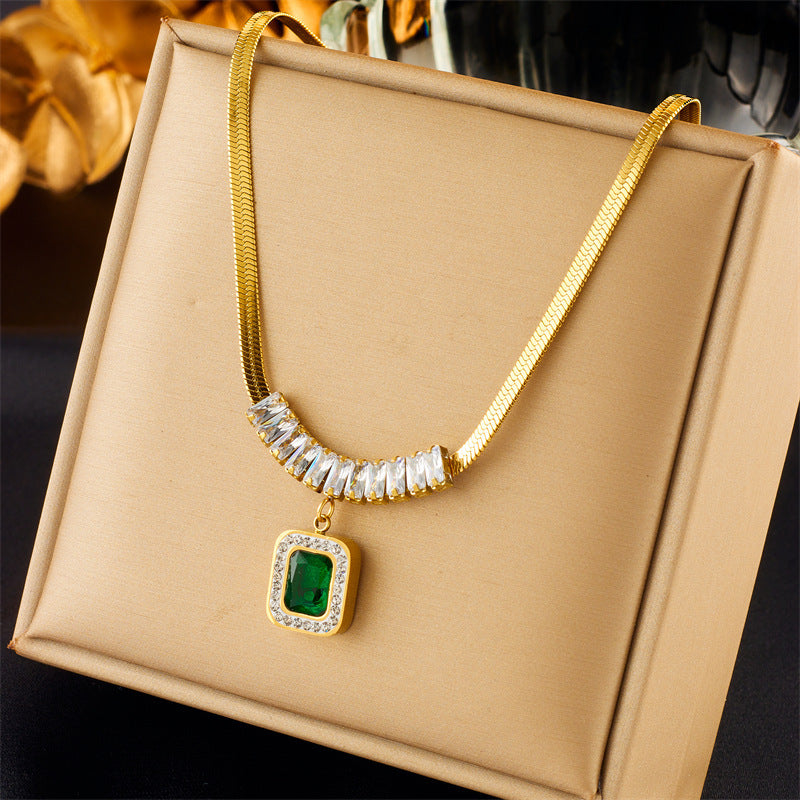 Fashionable Light-Luxury Emerald Pendant Necklace And Bracelet In Titanium Steel