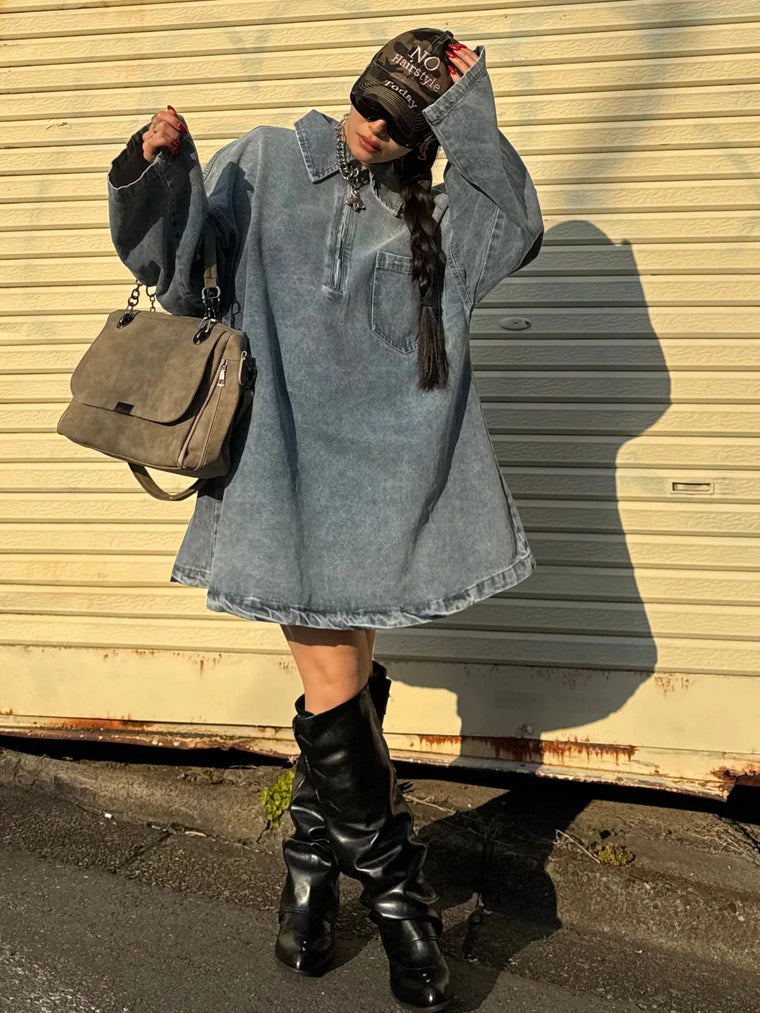 Light Blue Vintage Washed Denim Oversized Polo Dress